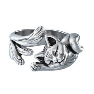 Sleeping Cat Wrap Ring – Silver-Tone (size 7)